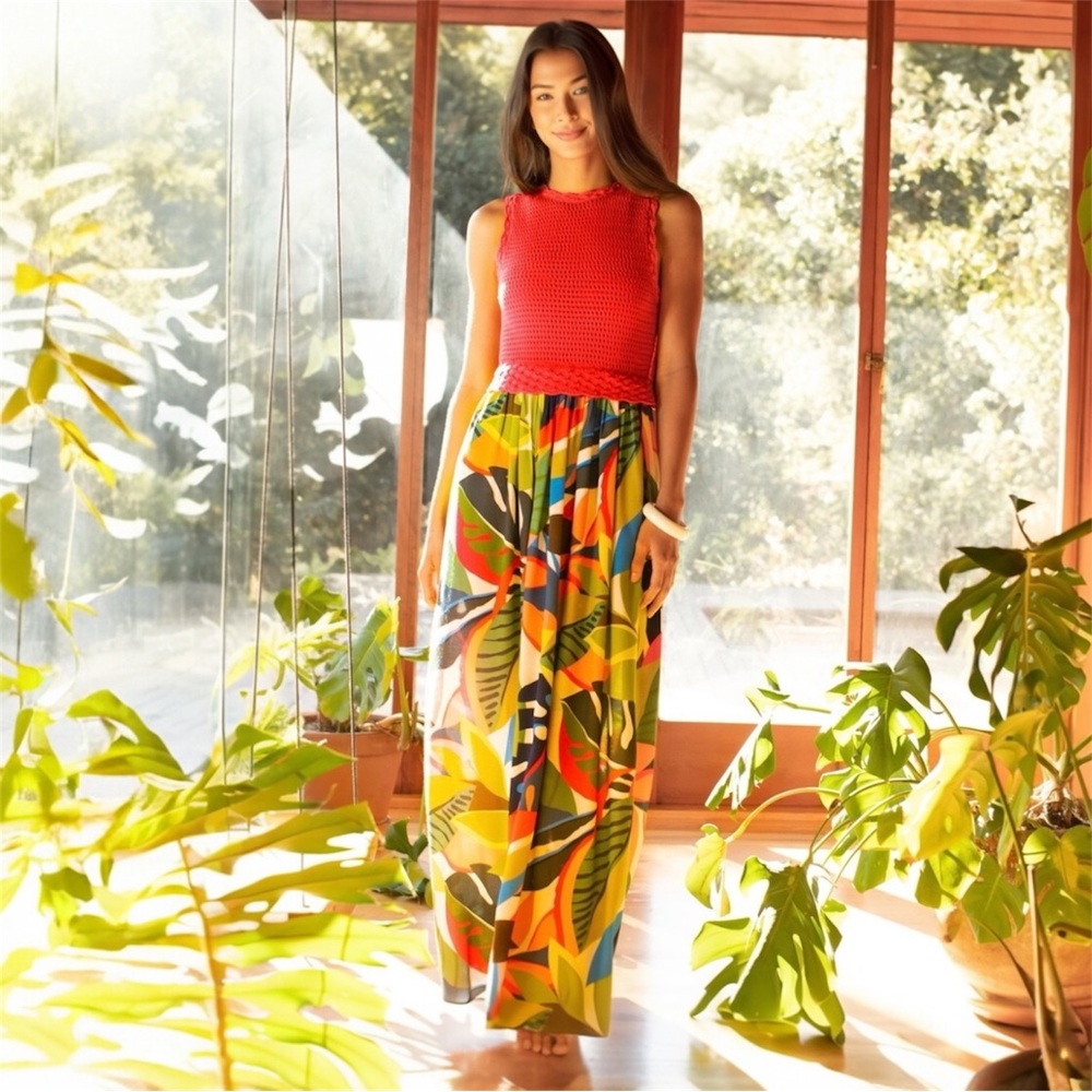 Trina Turk Ashlyn‎ Crocheted Bodice Flowy Skirt Tropical Print Maxi Dress Large